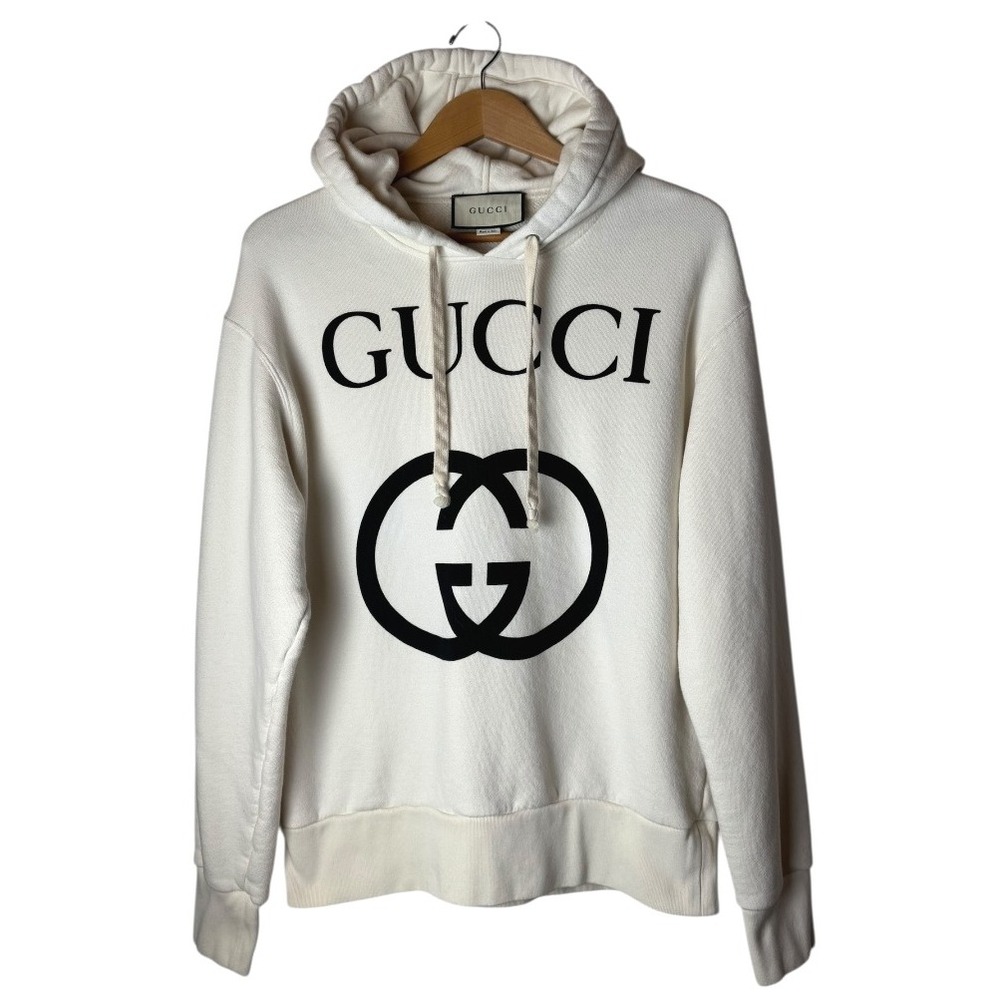 Gucci Sweatshirt Men Small Ivory Interlocking G Logo Hoodie Streetwear Luxury
